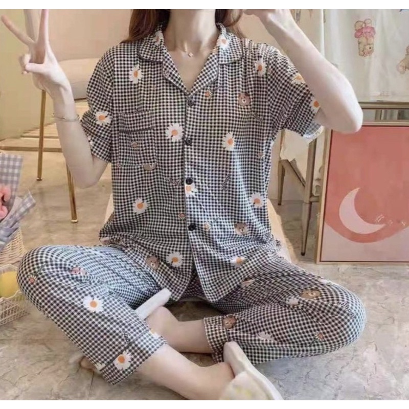 BAJU TIDUR IMPORT KAOS COTTON SETELAN CELANA PANJANG MOTIF KRAH KANCING NEW COLLECTION ALl SIZE