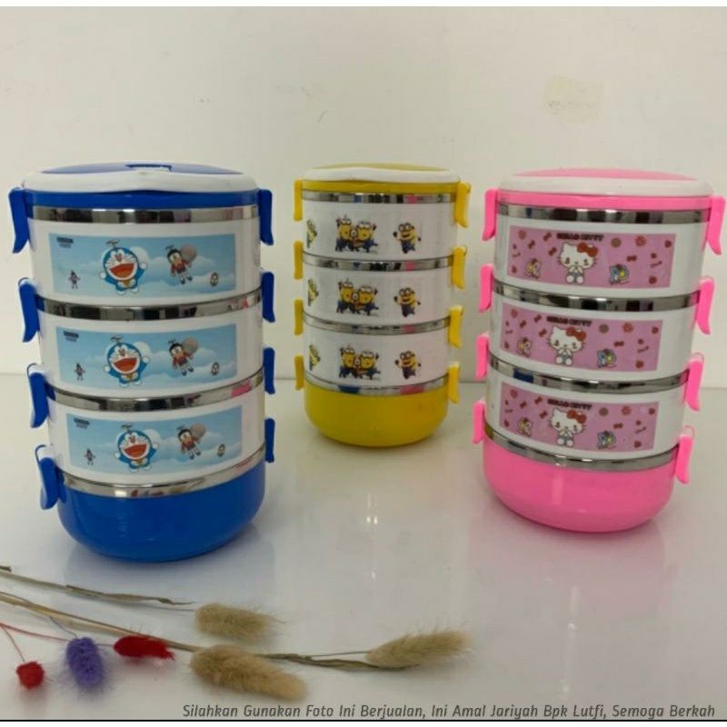 rantang susun 4 karakter stainless UKuran 14cm body plastik warna/ RANDOM