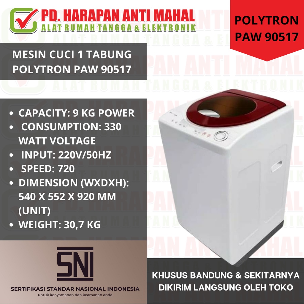 MESIN CUCI POLYTRON PAW 90517/ MESIN CUCI 1 TABUNG POLYTRON PAW 90517/ MESINI CUCI PRAKTIS POLYTRON 