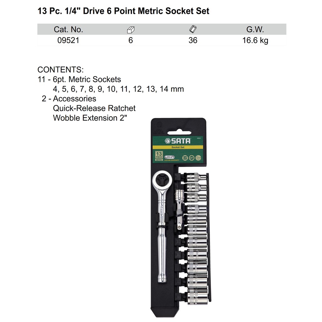 Kunci Socket Set 13 Pcs 1/4&quot; INCH 09521 METRIC SATA TOOLS