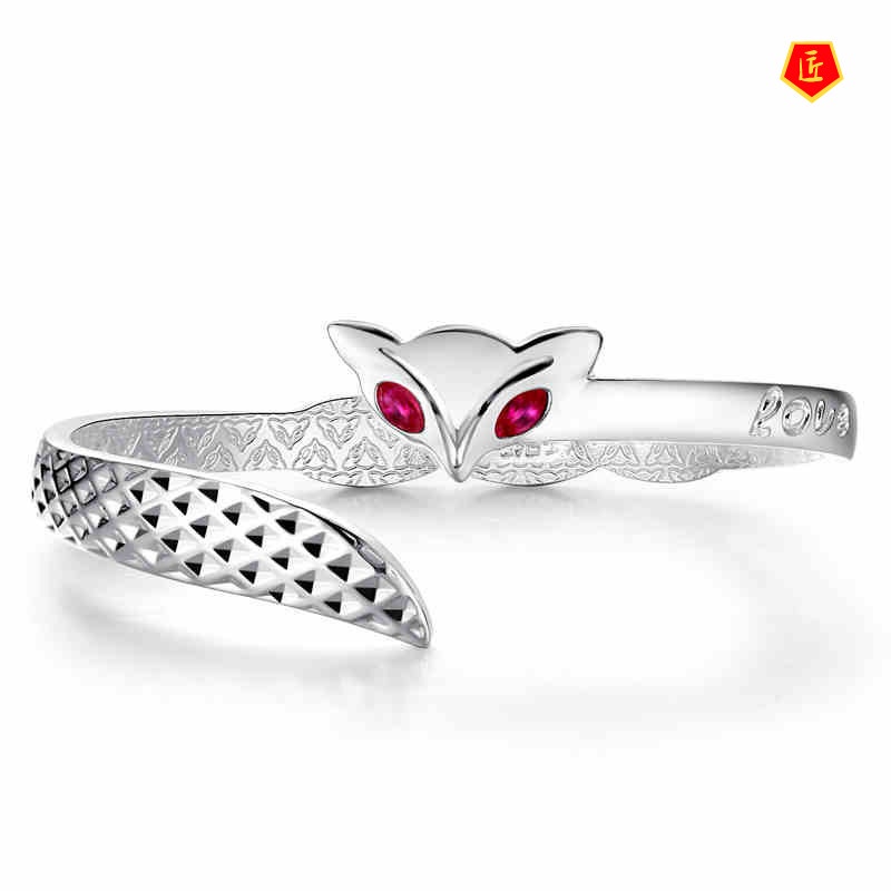 [Ready Stock]Women's Fashion Retro Red Corundum Eyes Fox Silver Bracelet