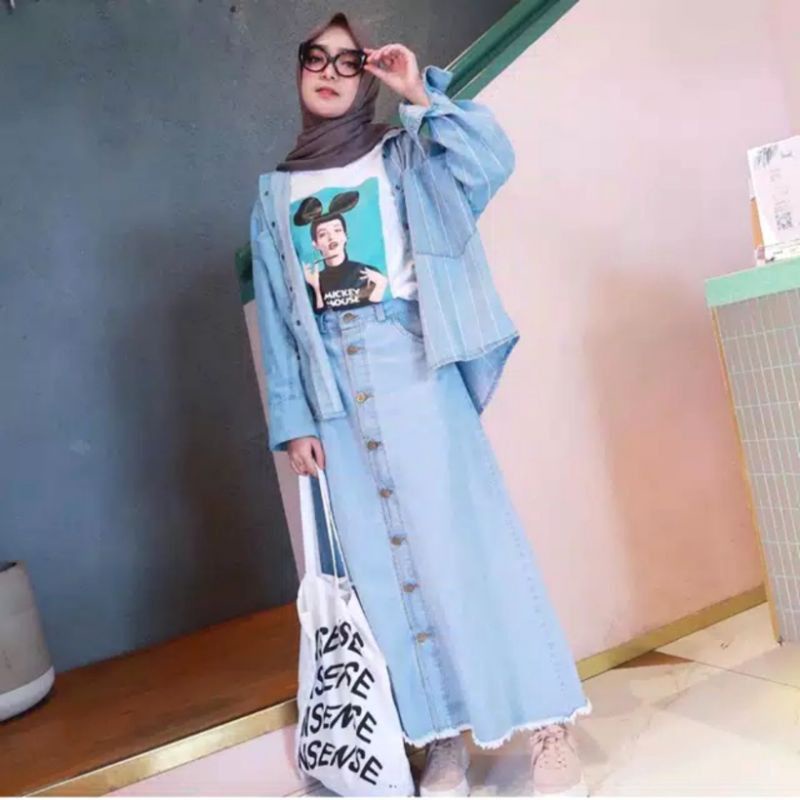 Rok jeans panjang kancing depan-rok jeans murah