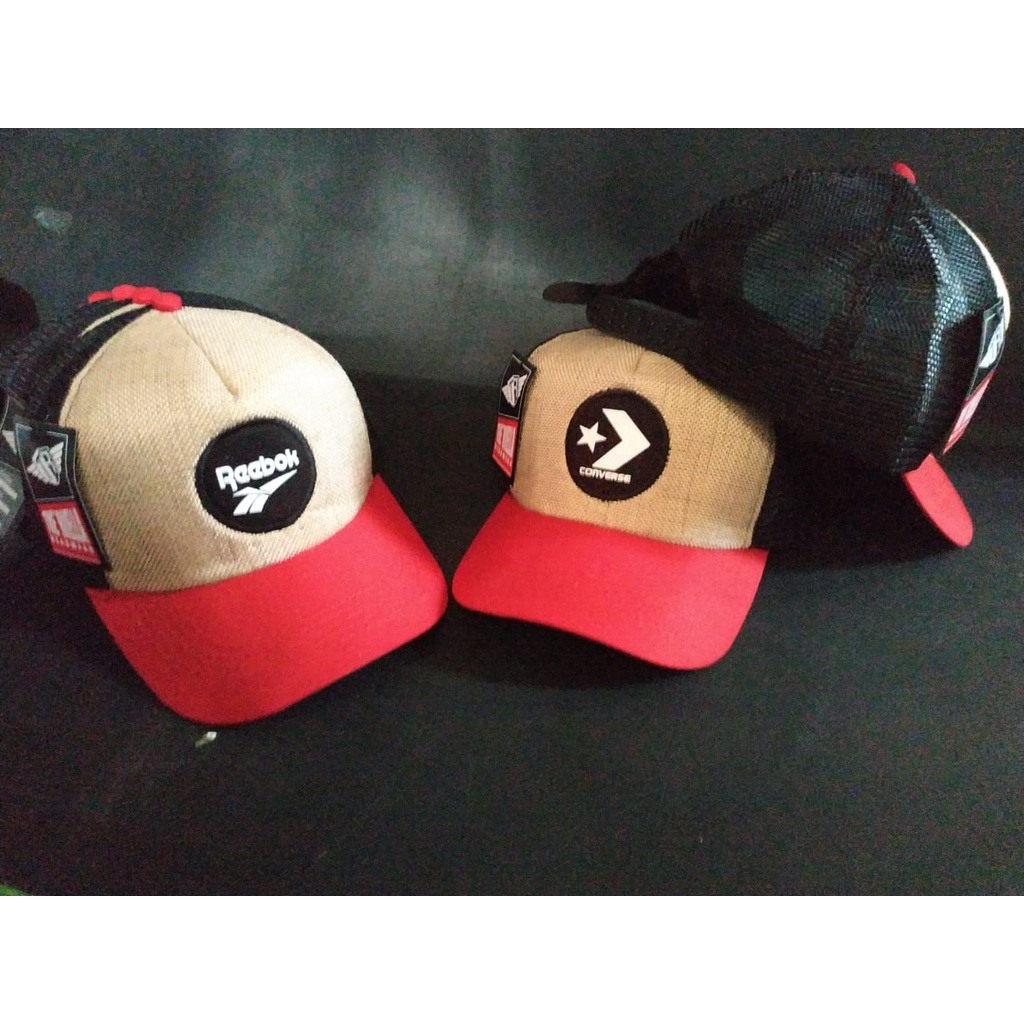 Topi Pria jaring baseball unisex cream merah motif random/realpict/COD