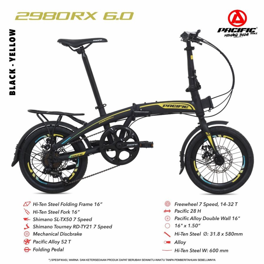 Sepeda Lipat Pacific STEEL 2980 RX 6.0 16 Inch 7 Speed Garansi SNI-Black Yellow
