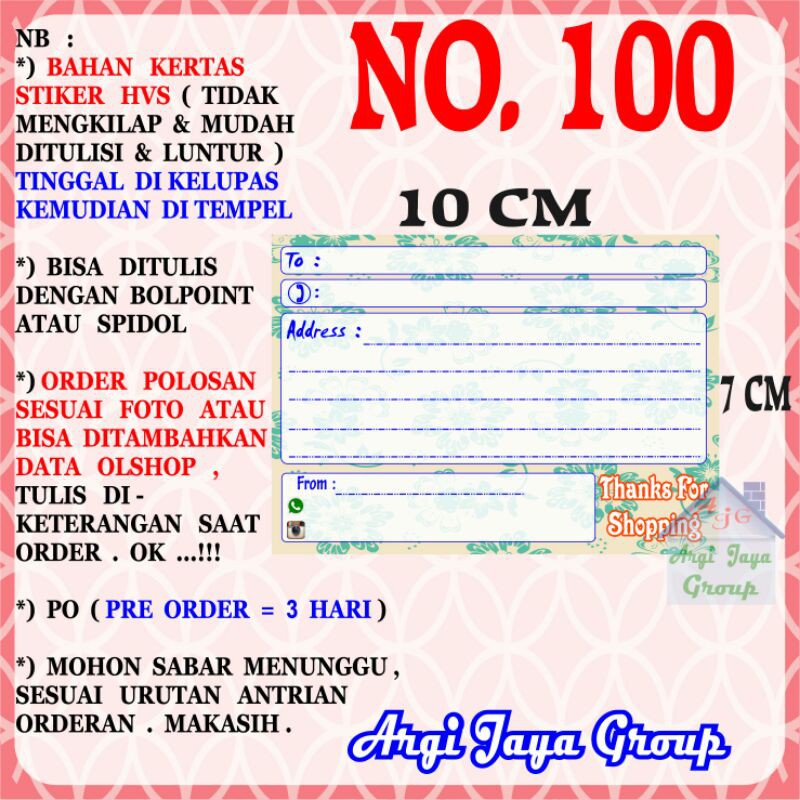 

Stiker HVS - Stiker Pengiriman - Sticker Alamat Olshop Murah Nomer 100-10x7cm