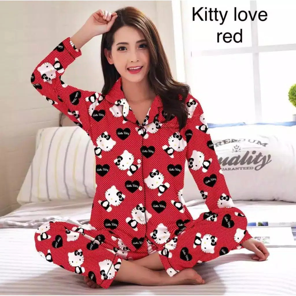 JNV Piyama PP Wanita Motif Karakter Kartun 02 - Baju Tidur Lengan Panjang - Bahan Katun-HK New Love Merah