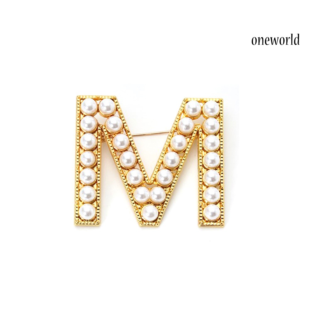 OW@ Elegant Women Faux Pearl Beaded Uppercase Letter Brooch Pin Suit Lapel Badge