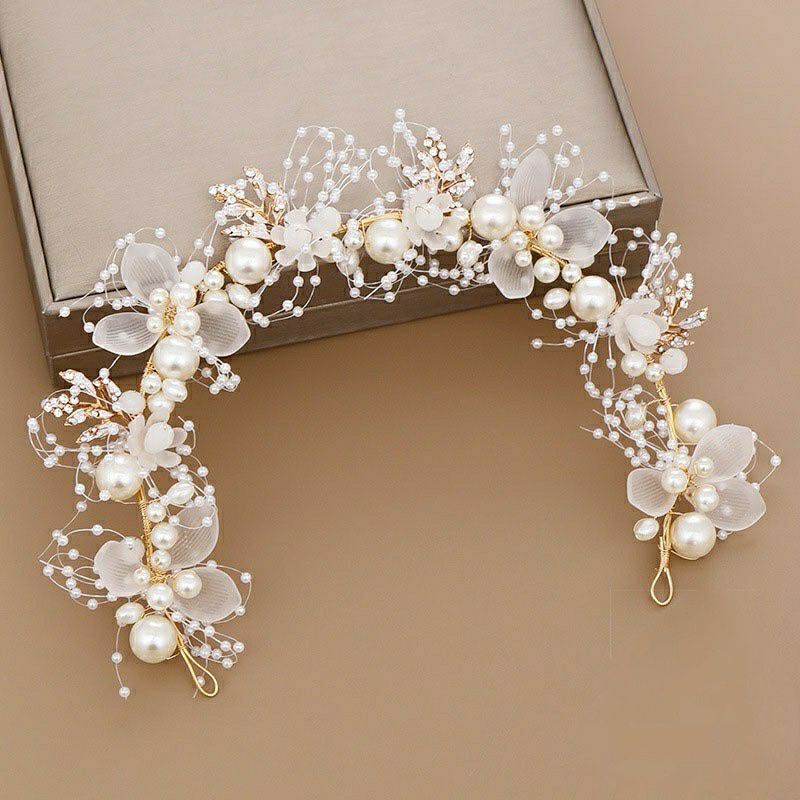 FerenHongXia I Hijab juga bisa | Wind New Bridal Flower Faux Pearl Crystal Hand-woven Golden Leaves