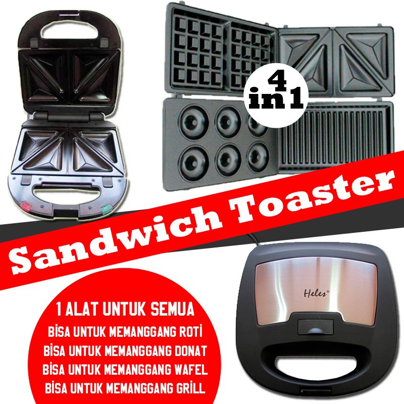 Heles 4In1 Sandwich Toaster Hsm-029-4P Pemanggang Donut Waffle Grill Sandwich