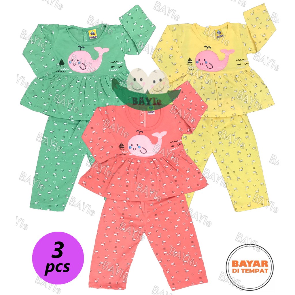 BAYIe - 3 SET Setelan Baju Bayi/Anak Panjang Perempuan motif FISH COOL BABY usia 0 - 12 bulan