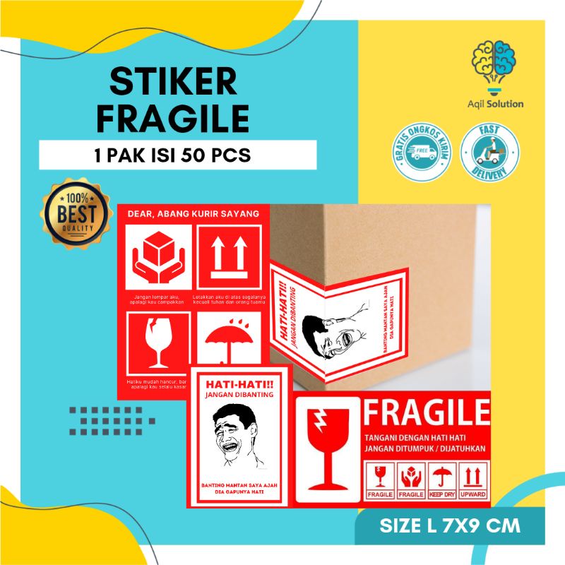 [50 pcs 7x9cm ] Stiker Fragile Stiker Pengingat kurir Label Pengiriman Makanan, Stiker Lucu Jokes ukuran besar