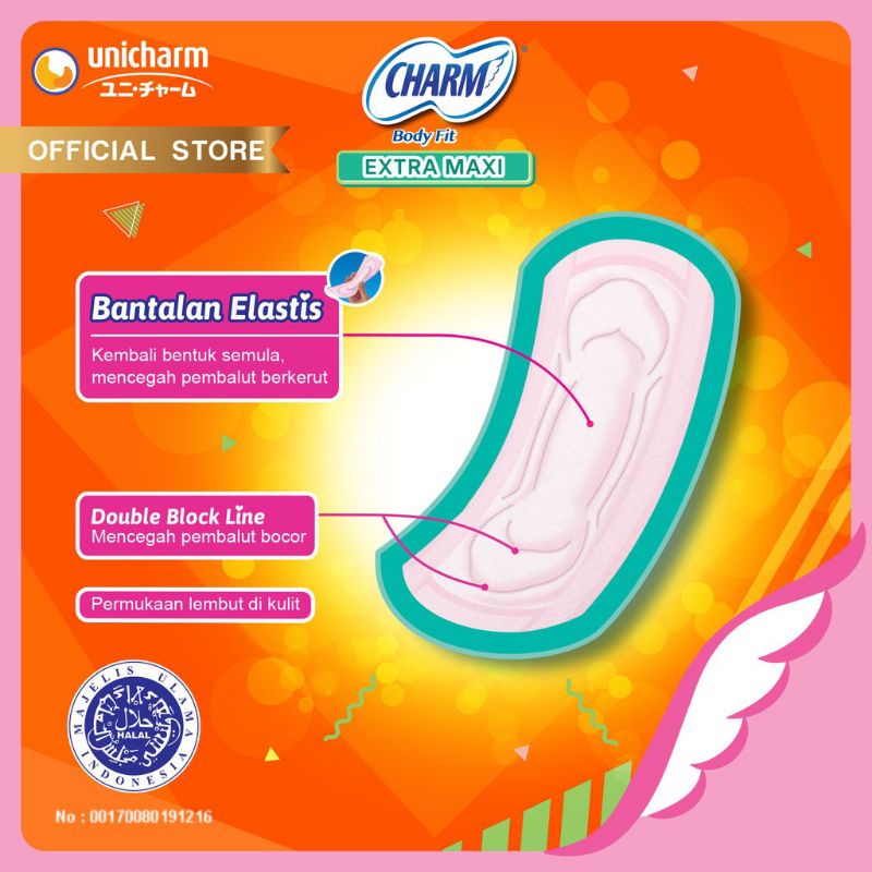 Charm Body fit Extra Maxi 23cm Non wing 30 pads || Pembalut Charm non wing 23cm 30 pads || Softex Daun sirih