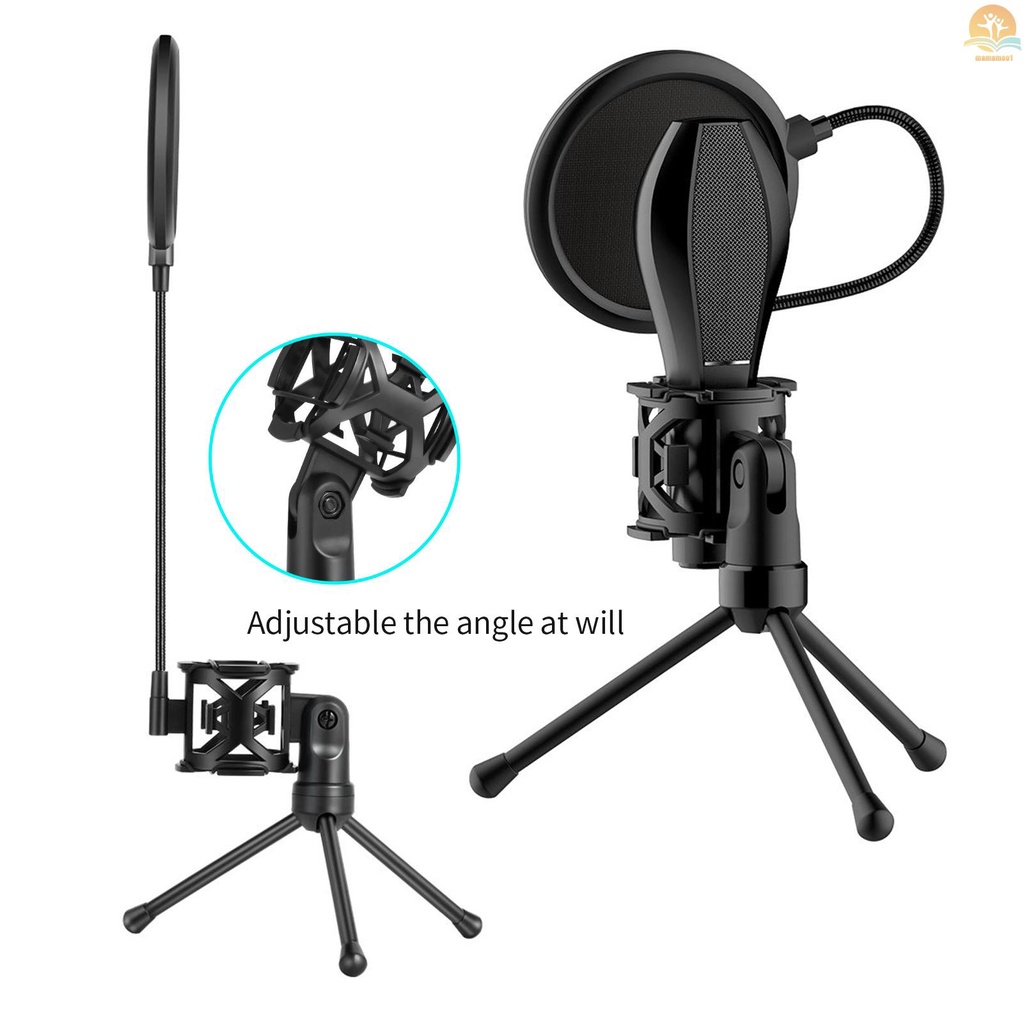 Desktop Microphone Tripod Stand Foldable Mic Stand with Shock Mount Portable Mic Holder Double-Net Pop Filter Gooseneck for Podcasts Internet Chat Meetings Lectures Online Show