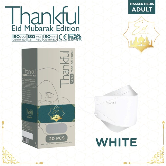 ✨COD✨ THANKFUL KF94 Earloop Medical Face Mask Edisi Eid Mubarak - White