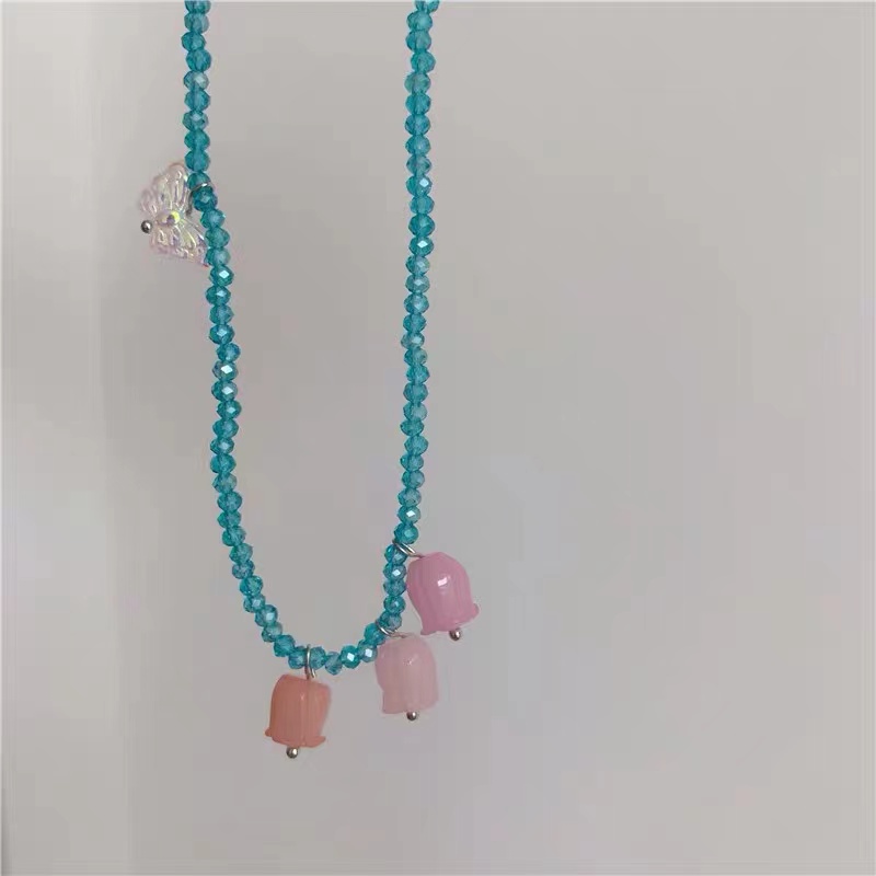 Kalung Manik-Manik Liontin Kupu-Kupu Tulip Warna Biru