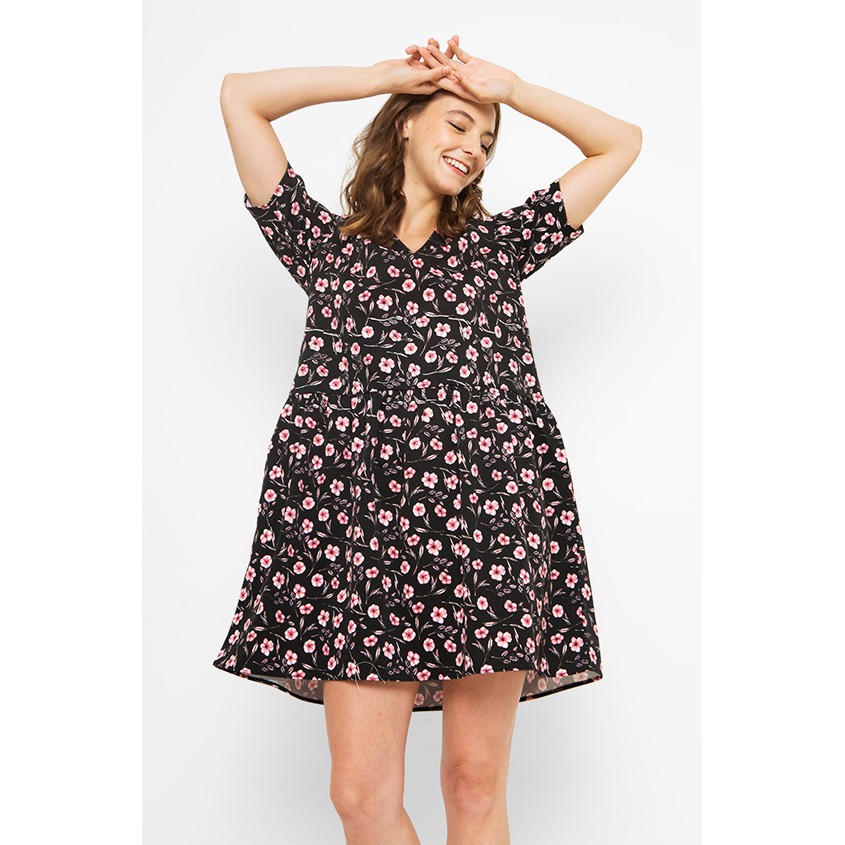 COTTONINK Printed Rainy V-Neck Fit &amp; Flare Dress