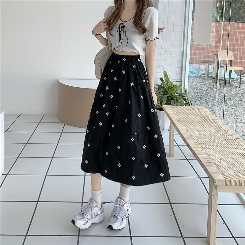 YUNA long skirt/rok wanita A-line midi/rok wanita motif bunga korea