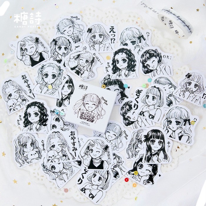 

ic] 45 pcs deco sticker classic komik pretty girl anime hitam putih - classic bw