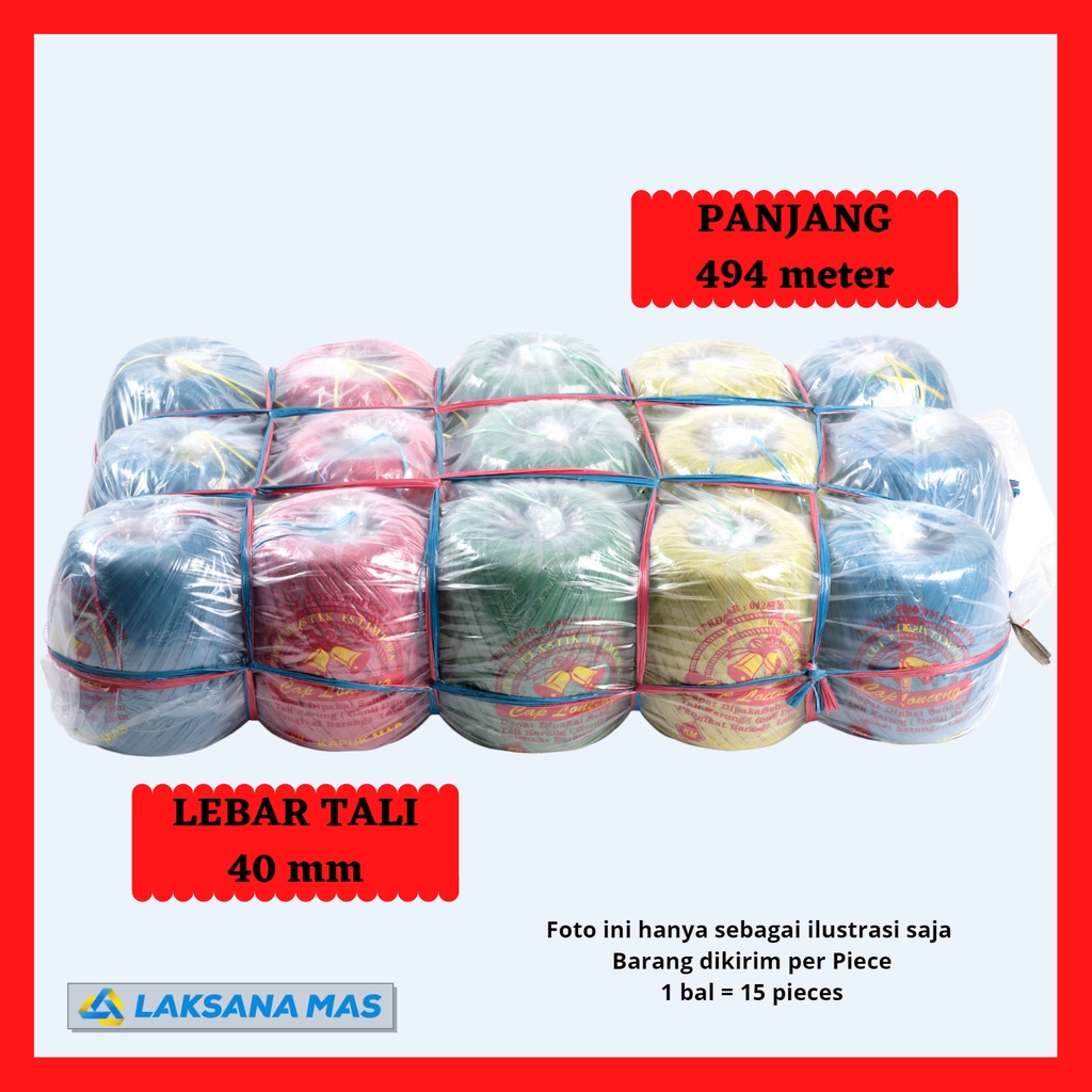 

Tali Rafia Plastik Laksanamas Merek Lonceng Warna Merah/Biru/Kuning/Hijau Ukuran 1kg di