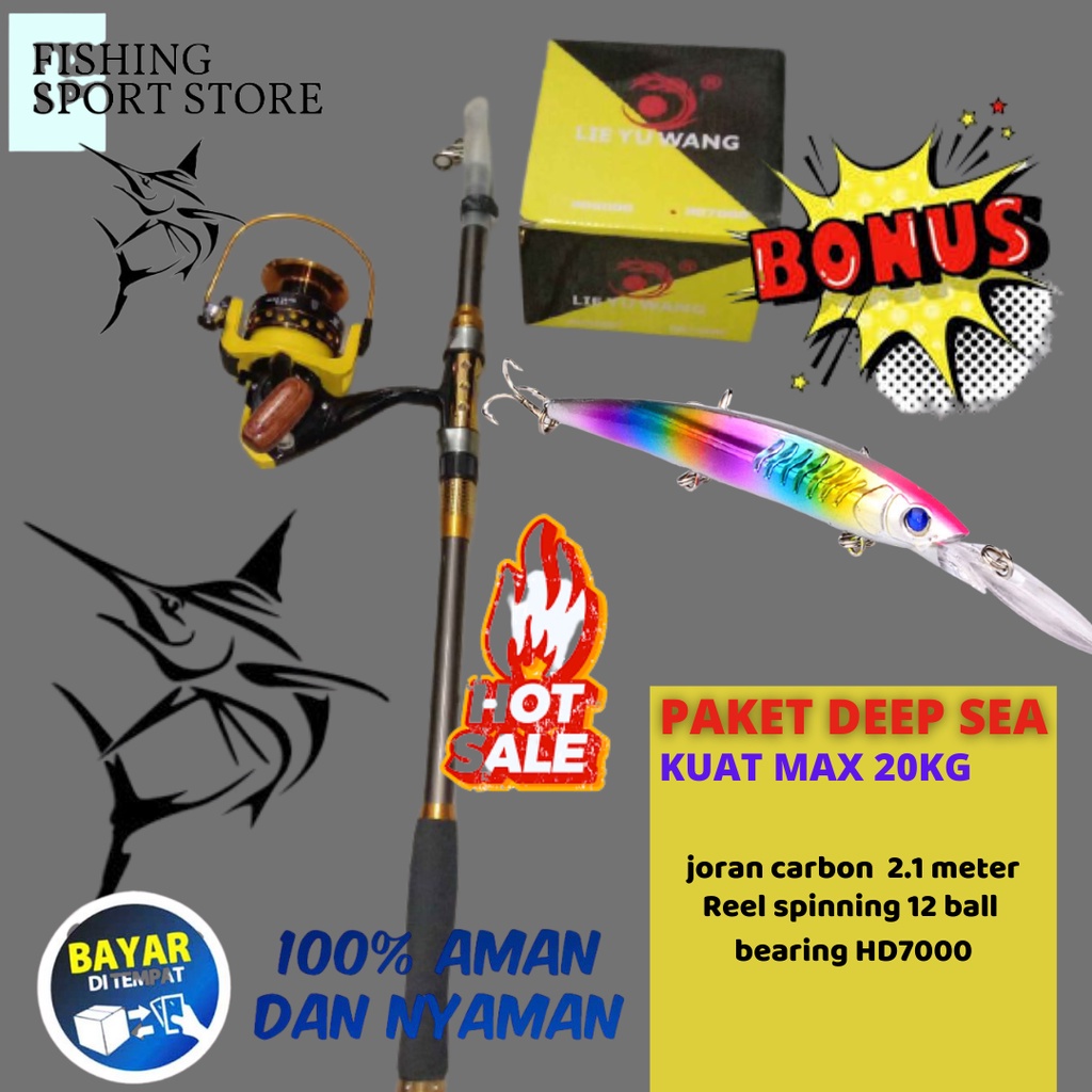 Set Alat Pancing Laut Paket Mancing Mania Joran High Carbon Reel Gulungan Pancing Katrol HD7000 Kail