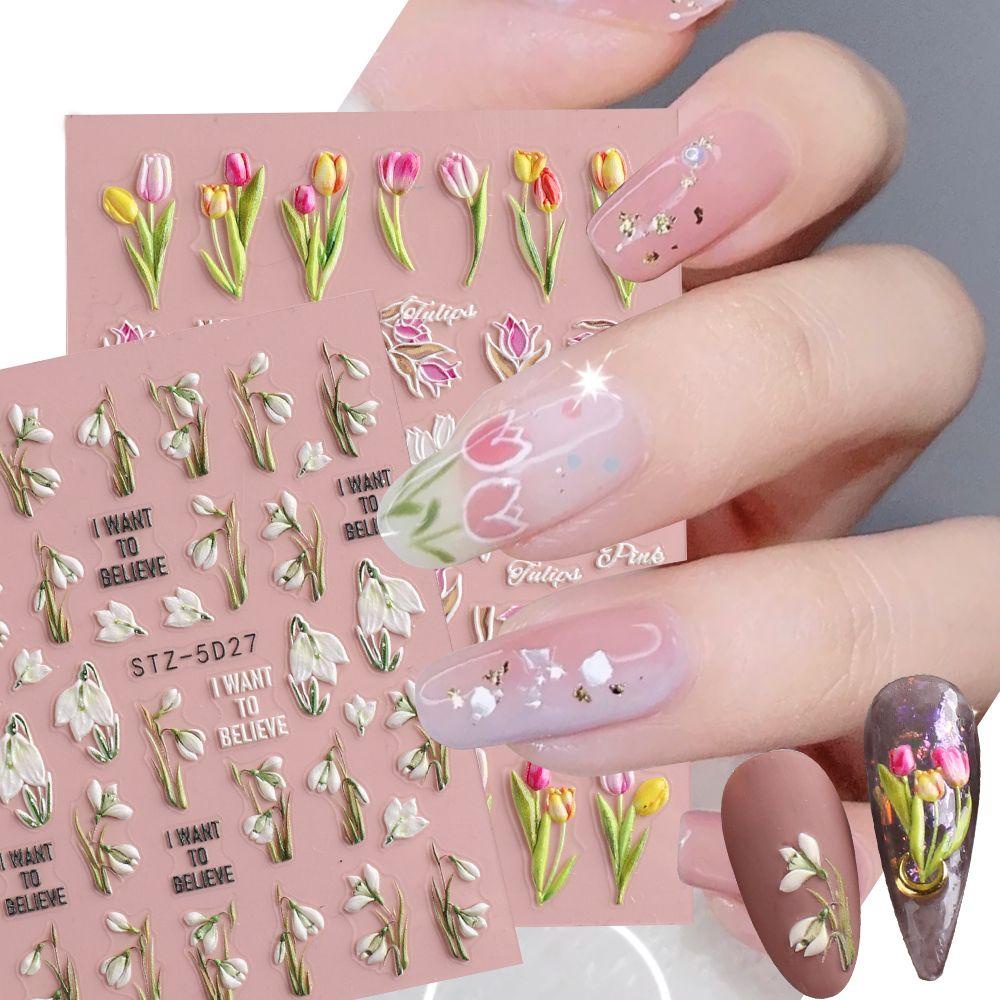 Mxbeauty Bunga Tulip Stiker Nail Art Elegan Fashion Dekorasi Nail Art Musim Semi Bunga Peri DIY Manicure Accesorios