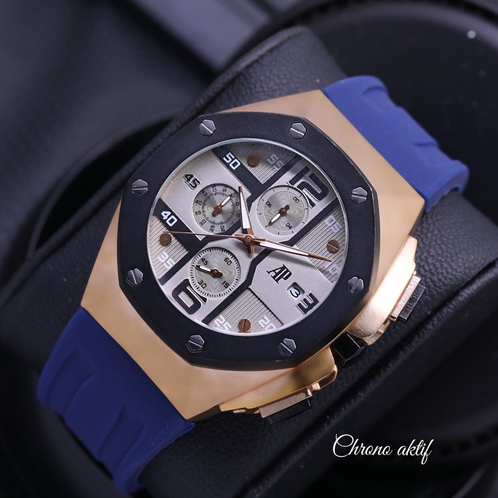 BEST SELLER JAM TANGAN PRIA AP FM100 TALI RUBBER CHRONOGRAPH TANGGAL AKTIF DM 4.5CM FREE BOX BATERAI CADANGAN || JAM TANGAN FASHION PRIA JAM TANGAN COWOK MURAH AP