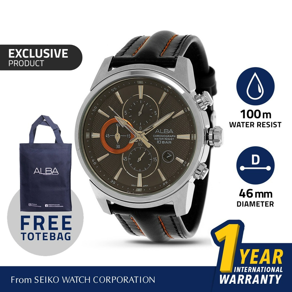 Alba Active Jam Tangan Pria Chronograph AM3457 / AM3457X1 Quartz Black Dial Genuine Leather Strap Wa