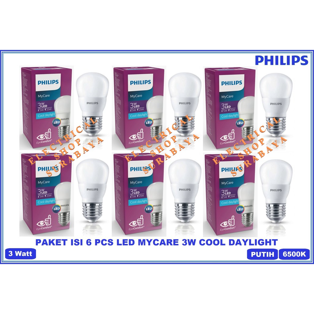 PAKET ISI 6 PCS LAMPU LED PHILIPS MYCARE 3W PUTIH (GARANSI 3 TAHUN &amp; GROSIR) LEDBULB BULB BUNDLING