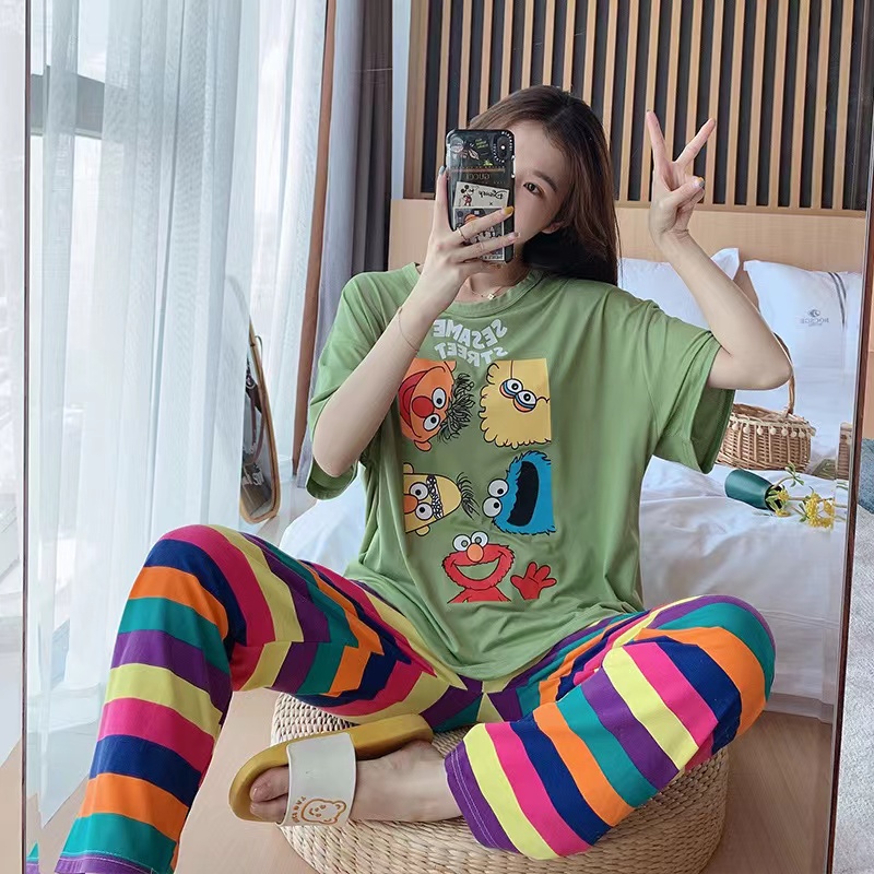 Setelan Piyama Lengan Pendek Baju Tidur Wanita Set Baju Tidur Wanita Dewasa Set Piyama Oversize-Green Sesame