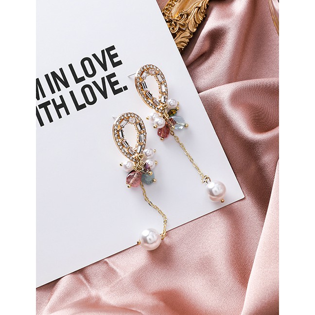 LRC Anting Tusuk Fashion Golden Pearl And Diamond Drop Fringe Earrings D71068