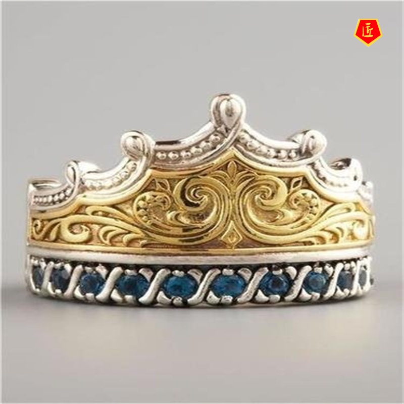 [Ready Stock]Classic Inlaid Sapphire Crown Ring 18K Gold Color Separation Fashion Elegant