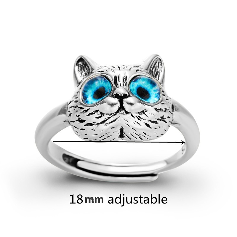 Cincin Bentuk Kucing Mata Biru Gaya Vintage Adjustable Untuk Unisex