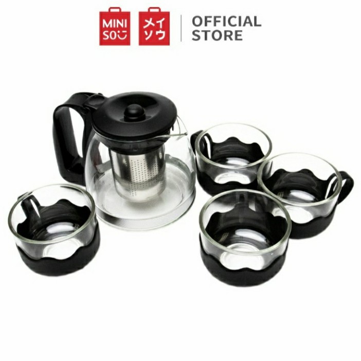 MINISO TEA POT 700ML SIMPLE 4+1 TEA SET BLACK STAINLESS STEEL STRAINE