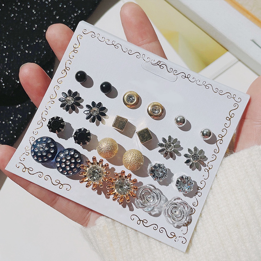 Hu Hu Hu Hu Hu Alat Bantu Pasang Kacamata♡ 12 Pasang Anting Stud Bentuk Bola Geometris Aksen Mutiara Imitasi Gaya Korea Untuk Wanita