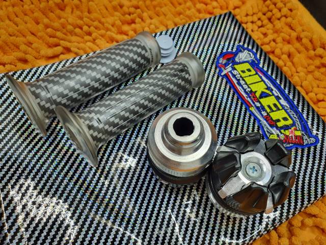 Handgrip Kitaco karbon + Jalu As Roda Depan + Kulit Jok Silver universal