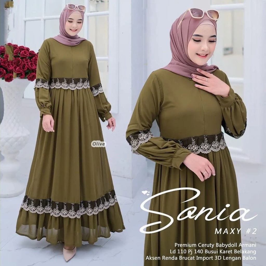 sonia dress/cruty babydol full puring/gamis kekinian/fashion wanita/baju muslimah/