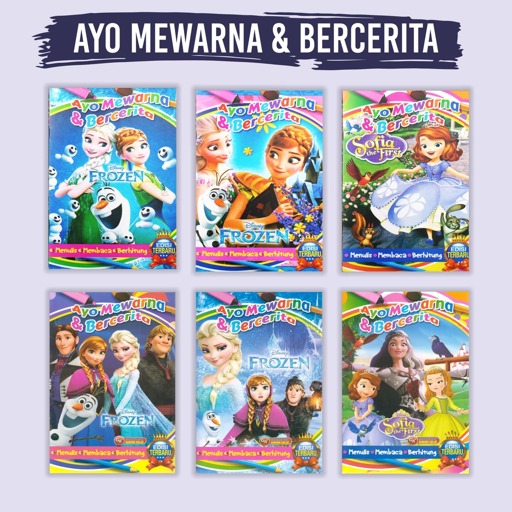 Buku Mewarnai Anak - Ayo Mewarna Bercerita Seri Frozen Dan Sofia Menulis Membaca Berhitung Edisi Ter