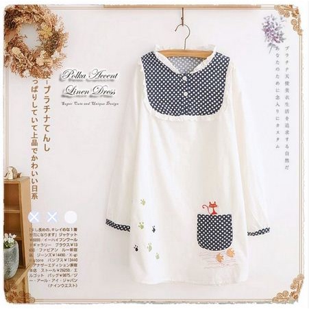 DRS1371WH - Dress Lengan Panjang Linen Aksen Polka Simple