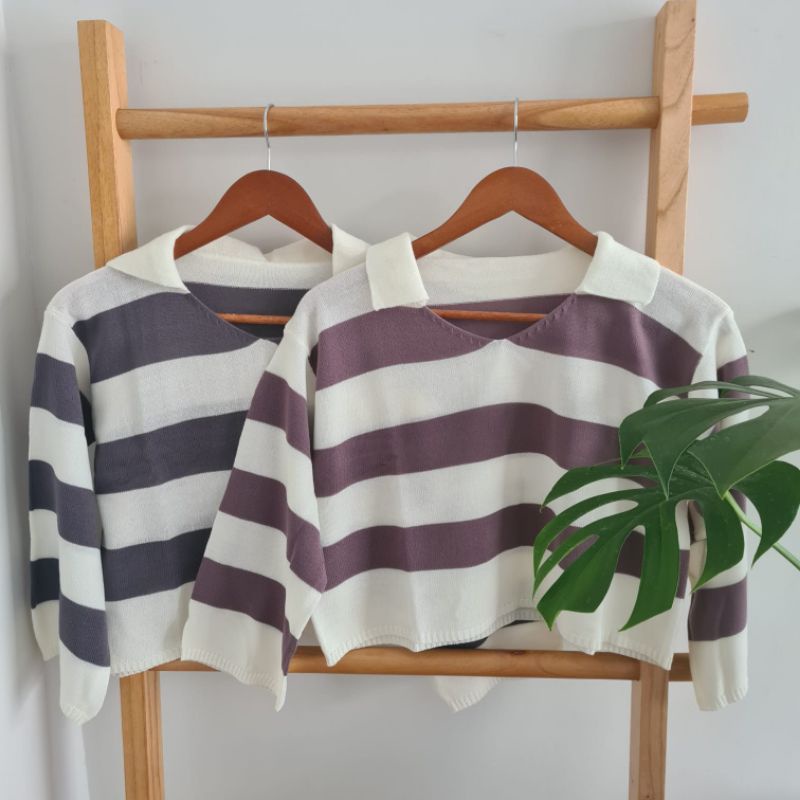 Sweater Rajut Fuji Crop Top Wanita Korea Stripe Blaster Knit Belang