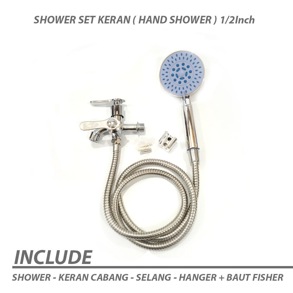 Shower Mandi Set Braket Shower system Selang 150cm Dan Kran Cabang Stainless Drad 1/2&quot;