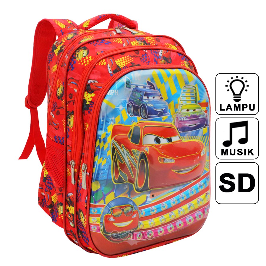 Tas Ransel Sekolah Anak SD Cars 7D Timbul 16 in Lampu Music 3 Kantong Full Motif