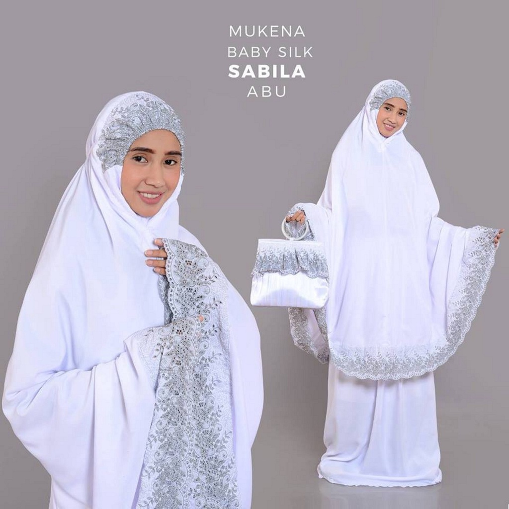 MUKENA DEWASA JUMBO BORDIR POLOS BABY SILK SABILA PREMIUM TRAVEL PROMO MURAH FREE TAS