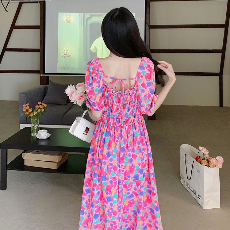 2022 New Fashion Korean Style Chiffon Floral Print Casual Midi Dress Pink Blue Summer Short Sleeve Sexy Off Shoulder Women Beach Bali Dresses 2023t