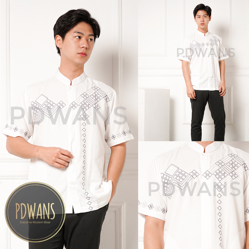 Baju Koko Lengan Pendek Putih Kemeja Koko Muslim Bordir M L XL PDWANS - BMT29