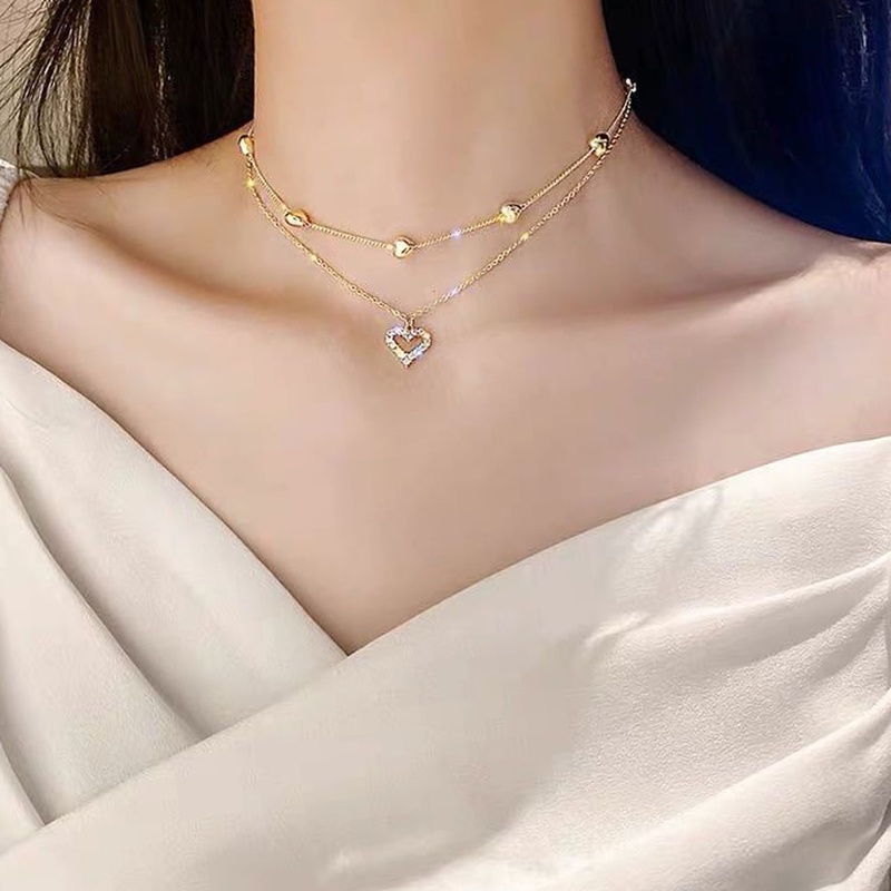 Kalung Choker Rantai Klavikula Hias Liontin Hati Kristal Multilayer Gaya Korea Untuk Wanita