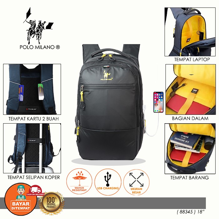 BEST PRODUK TAS RANSEL Tas Pria IMPORT POLO MILANO - 88345 - TAS RANSEL KEKINIAN MODEL CASUAL ANTI AIR