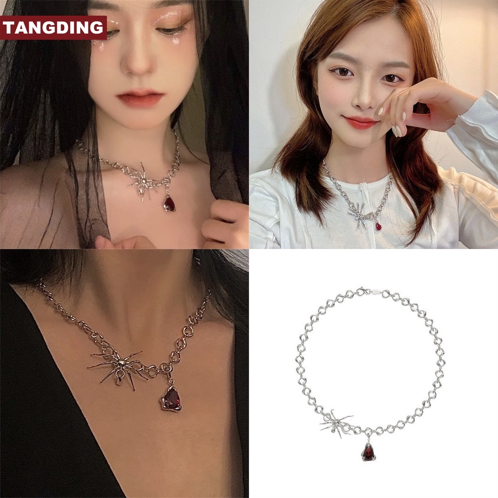 【COD Tangding】Niche Design Personality Spider Shape Blood Drop Pendant Twist Necklace Female INS Tide Clavicle Chain