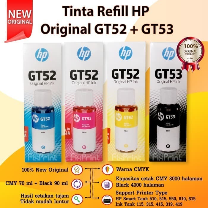 Tinta refill HP GT51 GT52 Original Cyan- Magenta- Yellow- Black 90ml FSB810