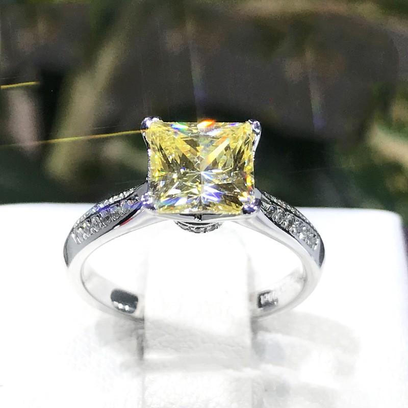 925 Perak  Square Cincin Berlian Pt950 Kuning Berlian Wanita Pernikahan Perhiasan