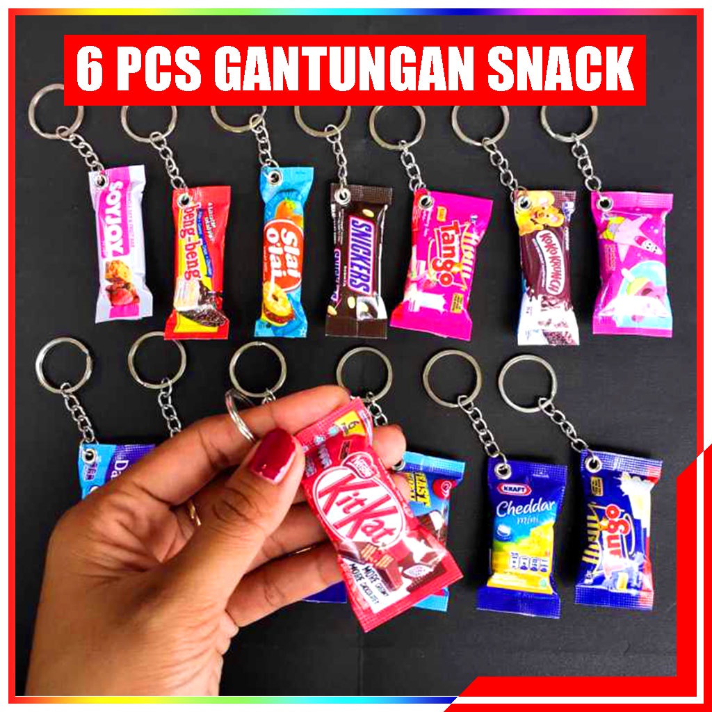 6 pcs Gantungan Miniatur Snack Jajanan Unik Lucu Paling Murah / Gantungan Replika Miniatur Makanan Kemasan Mungil / Souvenir Paket 6 pcs Gantungan Kunci Miniatur